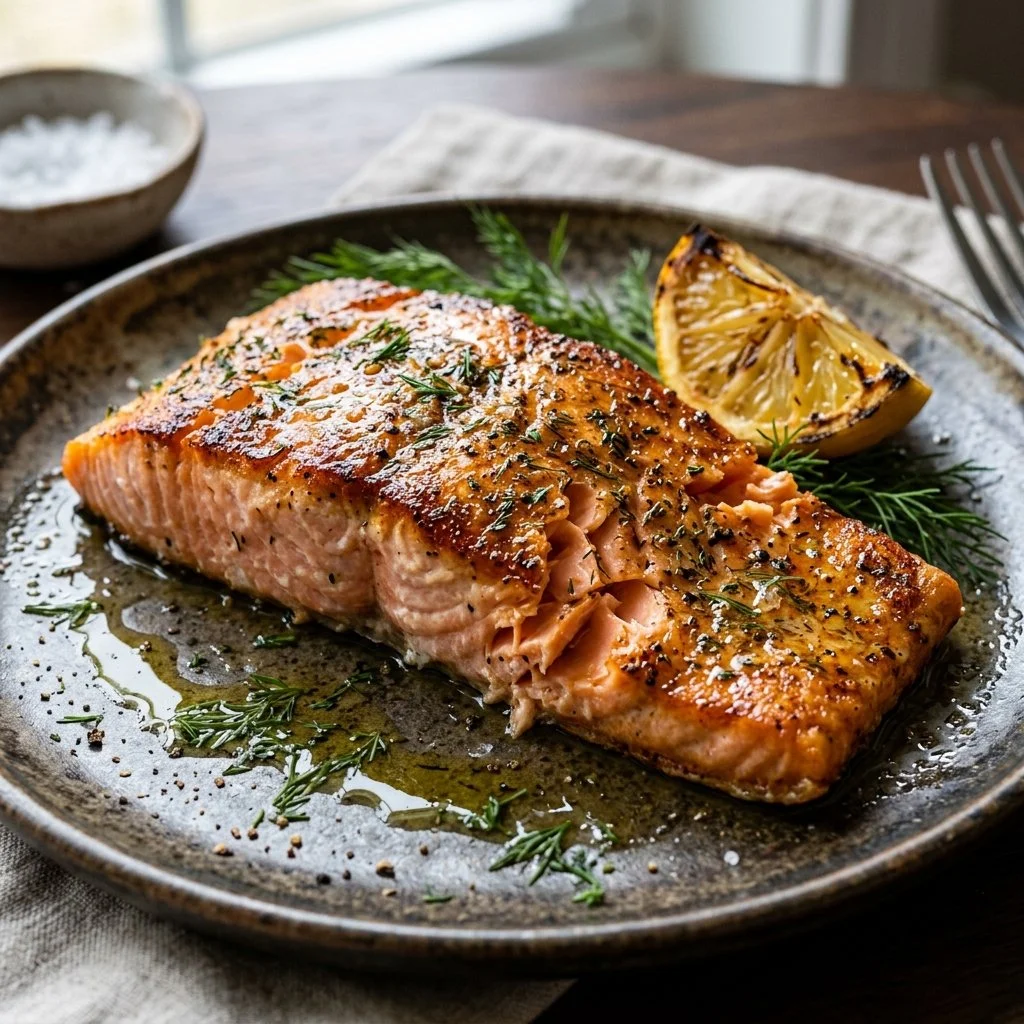 Cooked air fryer salmon fillet served on a plate with vegetables