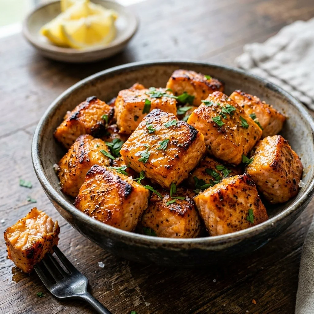 Crispy air fryer salmon bites served with a dip