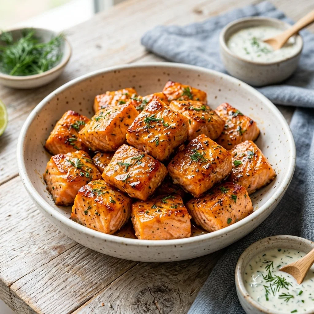 Crispy air fryer salmon bites served on a plate with dipping sauce