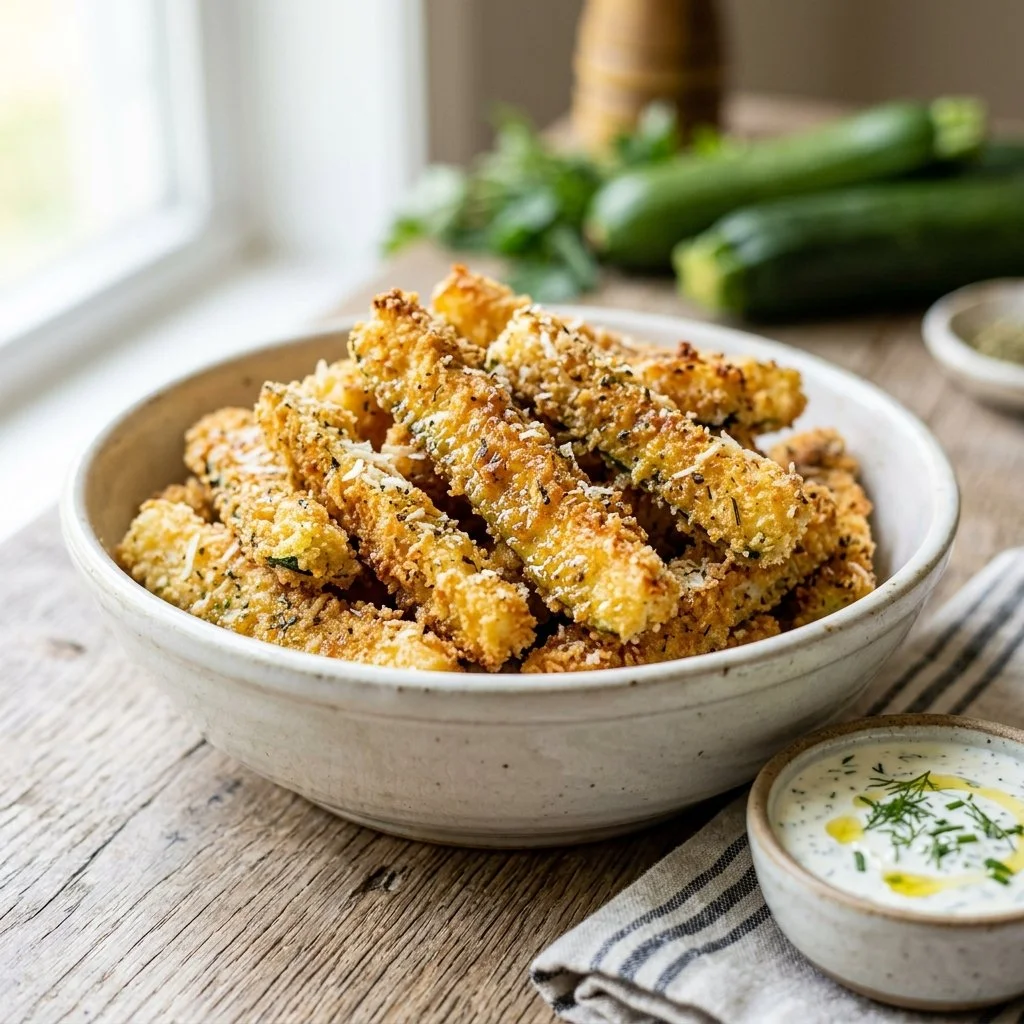 Crispy air fryer zucchini fries served in a dish