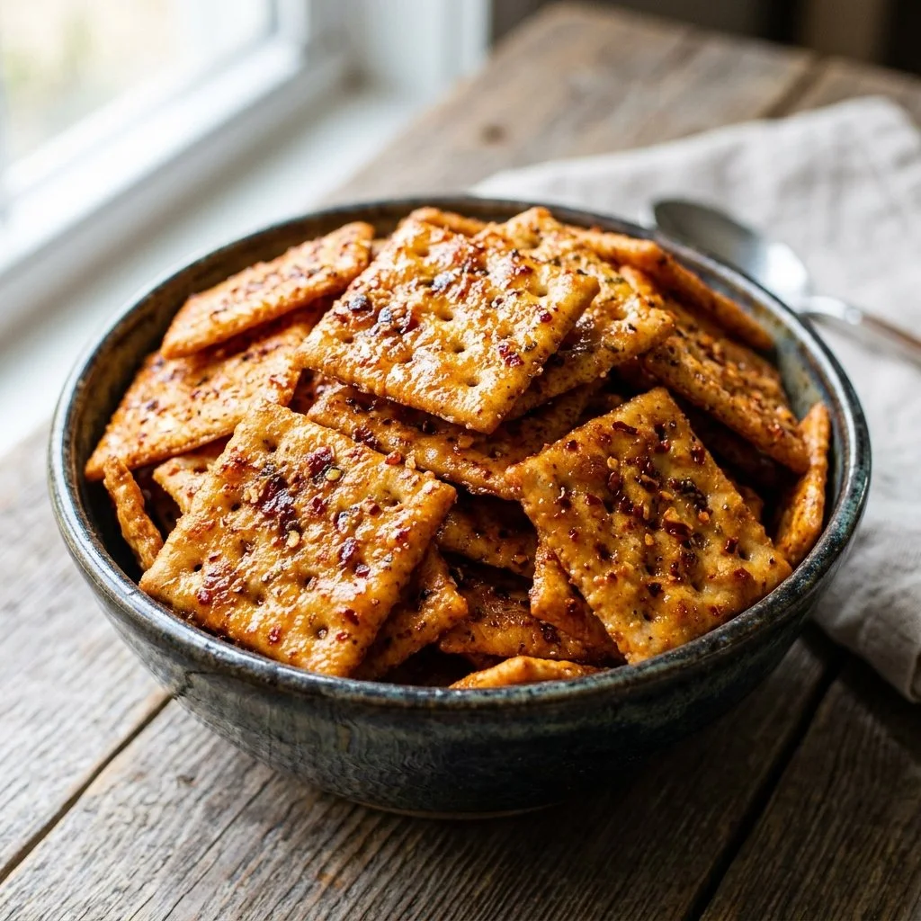 A bowl of Alabama Fire Crackers, a spicy and flavorful snack.