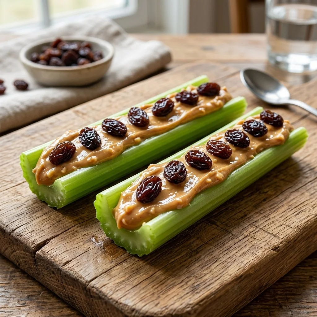 Delicious 'ants on a log' snack with celery, peanut butter, and raisins.