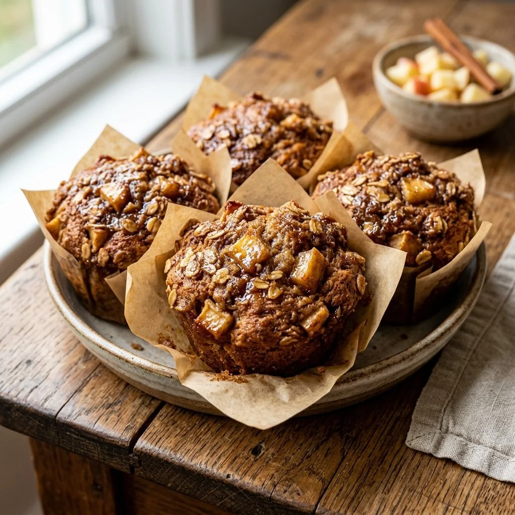 Freshly baked apple cinnamon muffins on a cooling rack