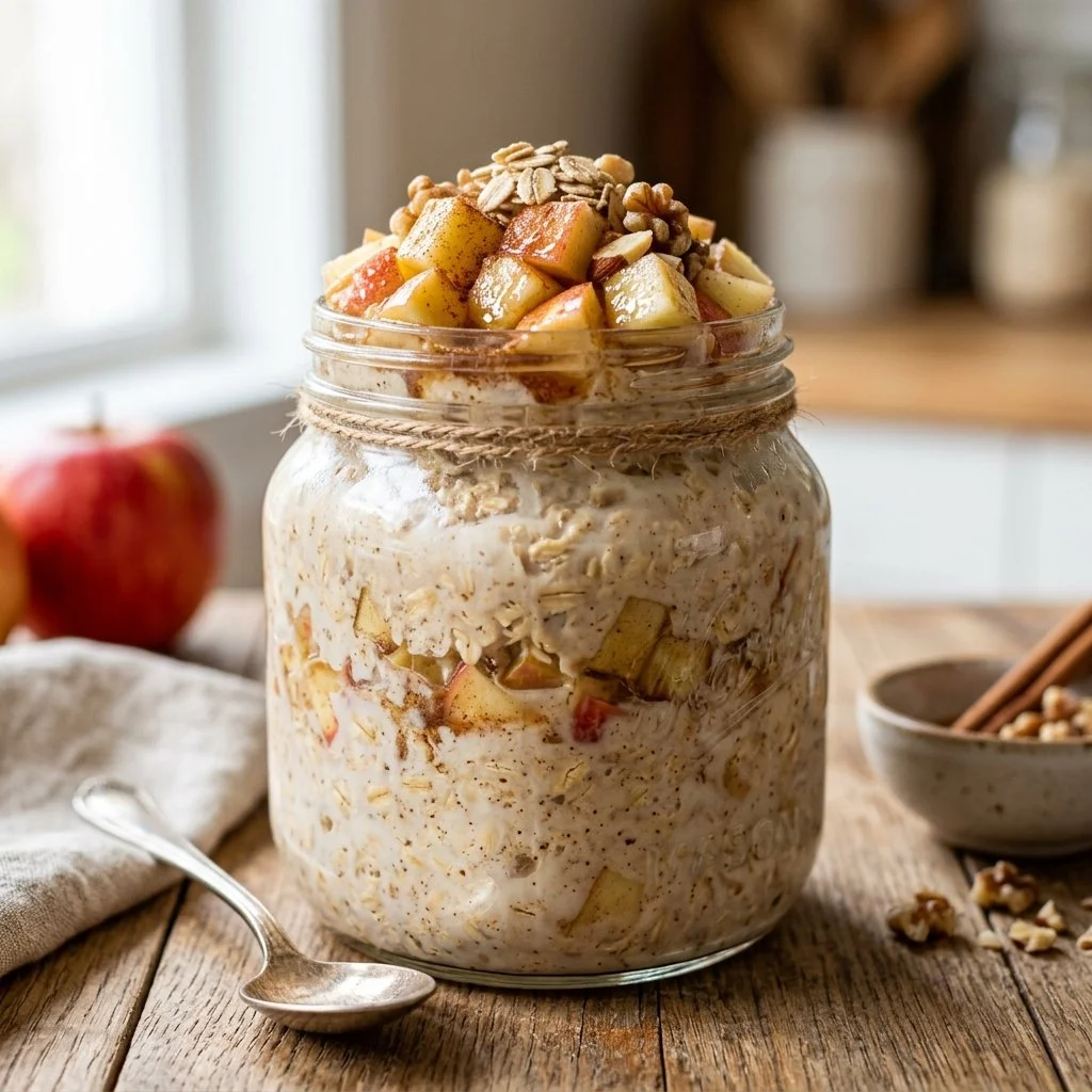 Bowl of apple cinnamon overnight oats topped with fresh apples and cinnamon.
