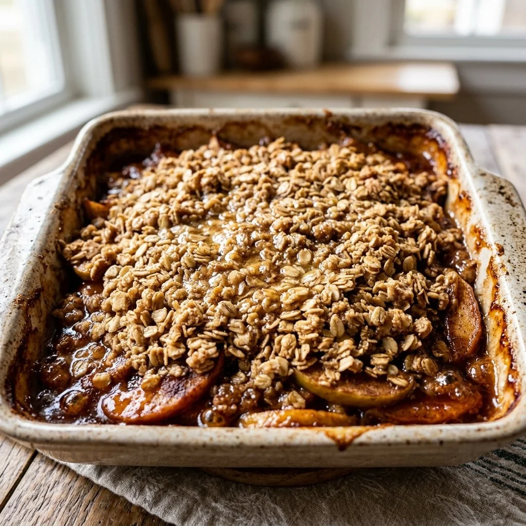 Delicious homemade apple crisp with a golden oat topping fresh out of the oven.