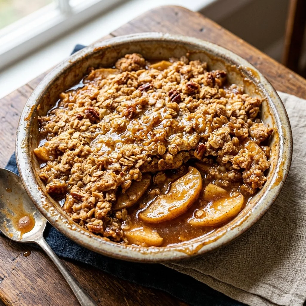 Delicious homemade apple crisp topped with oats and cinnamon