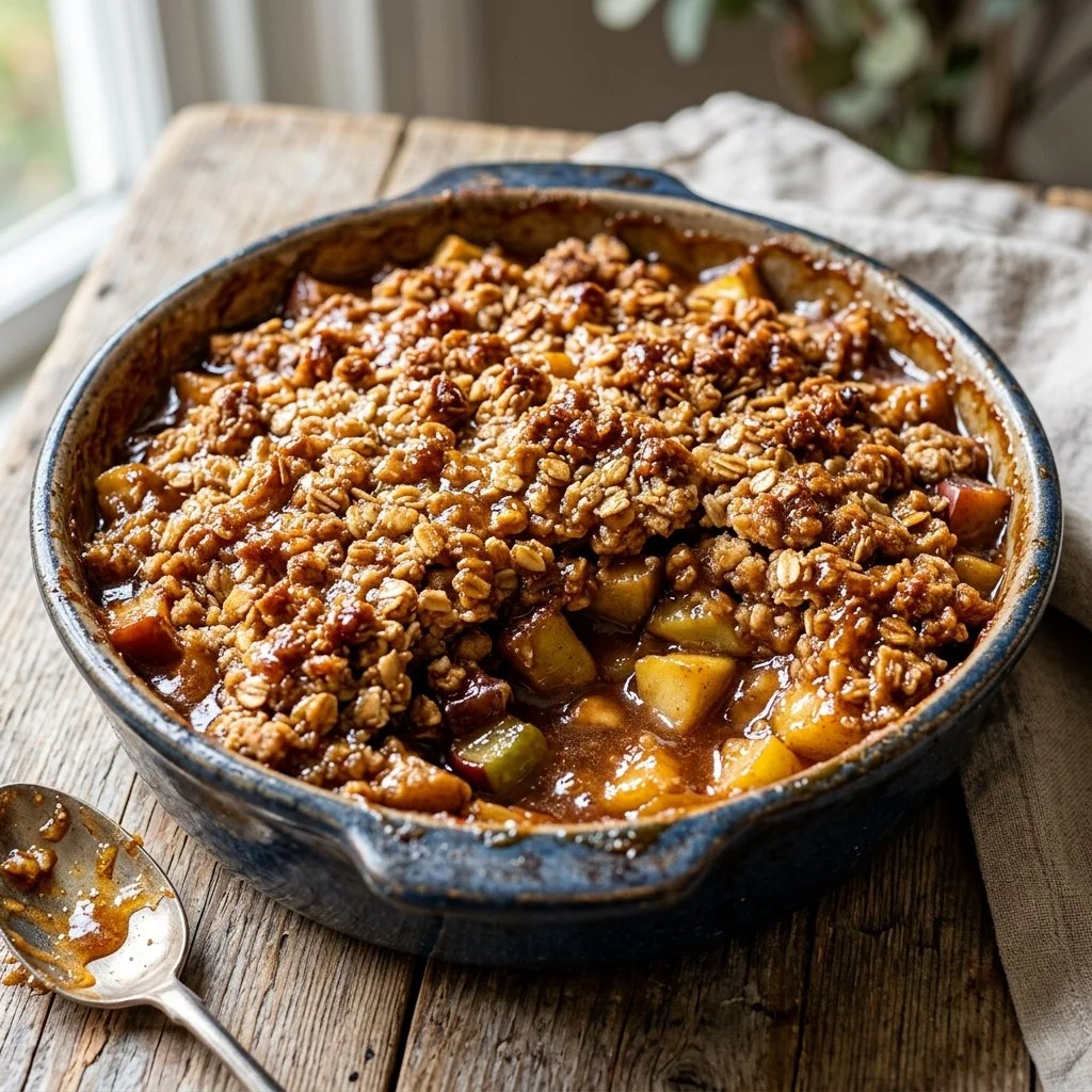 Homemade apple crisp dessert with apples and crunchy oat topping