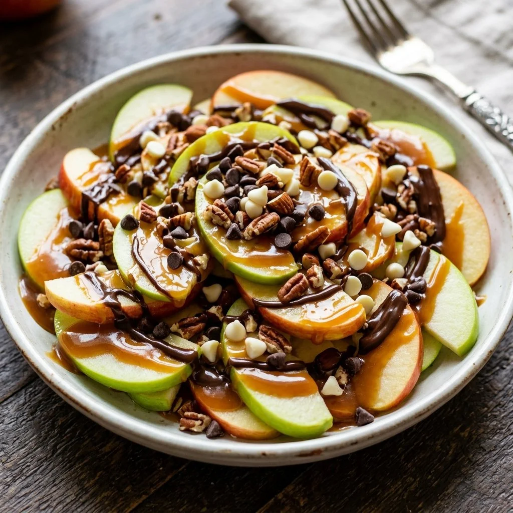 Delicious Apple Nachos topped with caramel, chocolate, and nuts