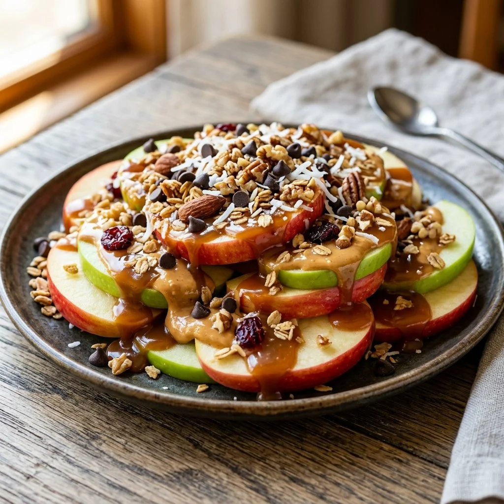 Delicious apple nachos topped with peanut butter, chocolate, and nuts