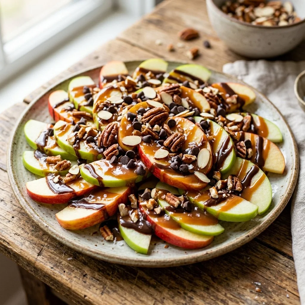 Apple Nachos with caramel and chocolate toppings on a white plate