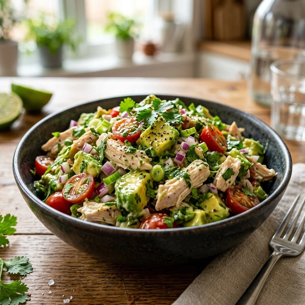 Delicious Avocado Chicken Salad served in a bowl with fresh ingredients.