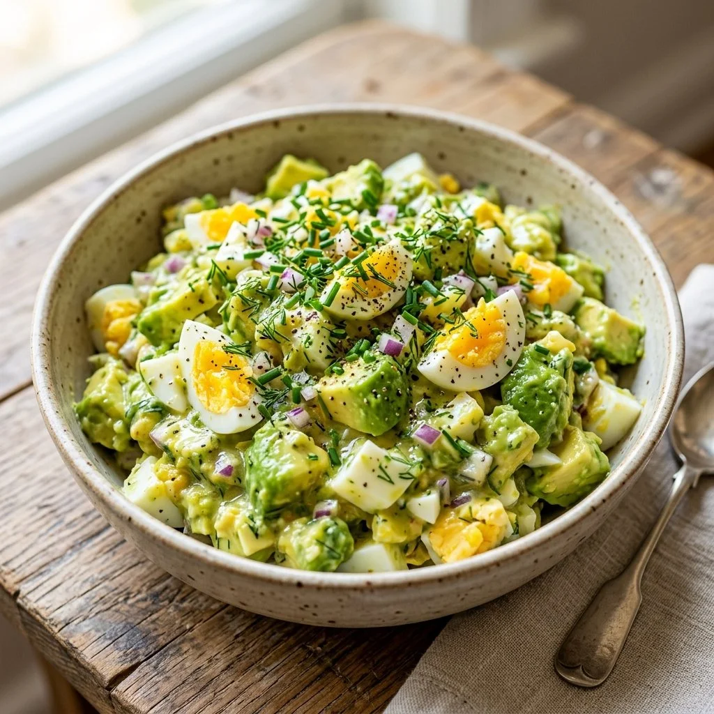 Delicious avocado egg salad served in a bowl, garnished with herbs.