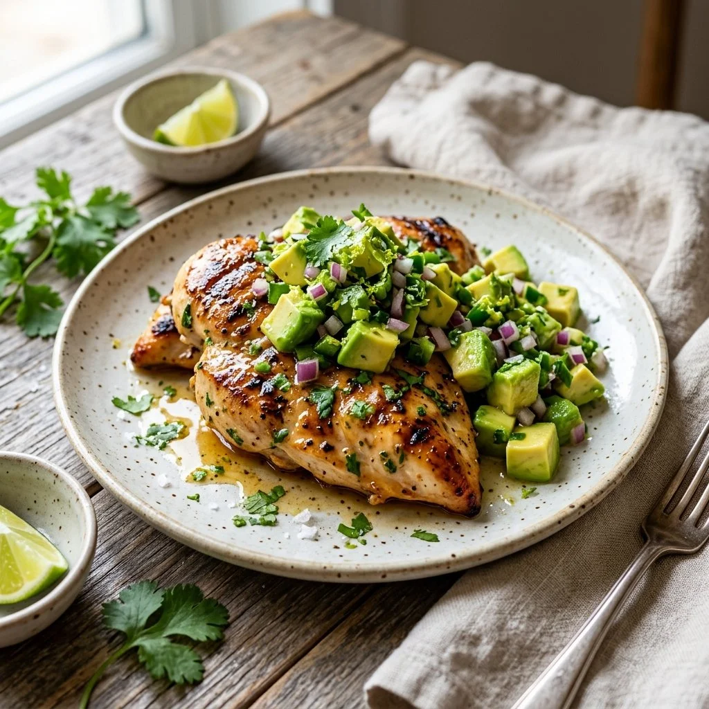 Grilled Avocado Lime Chicken garnished with fresh herbs and lime slices