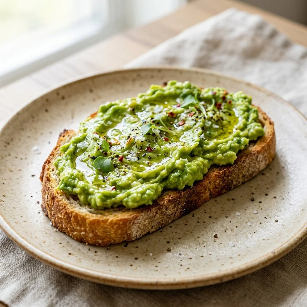 Delicious avocado toast topped with tomatoes and herbs on a rustic wooden table.
