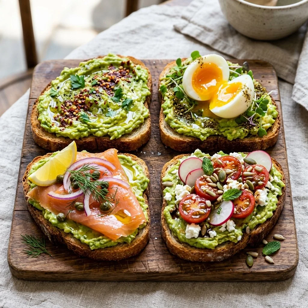 Delicious avocado toast variations with unique toppings on rustic bread