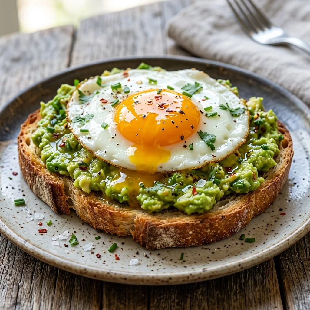 Delicious avocado toast topped with a perfectly cooked egg for a nutritious breakfast.