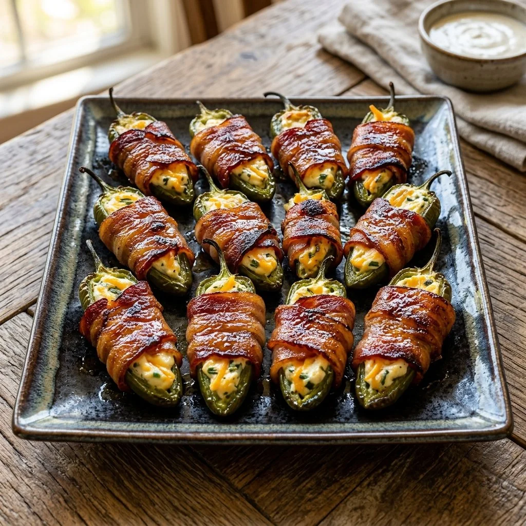 Bacon wrapped jalapeno poppers on a serving platter