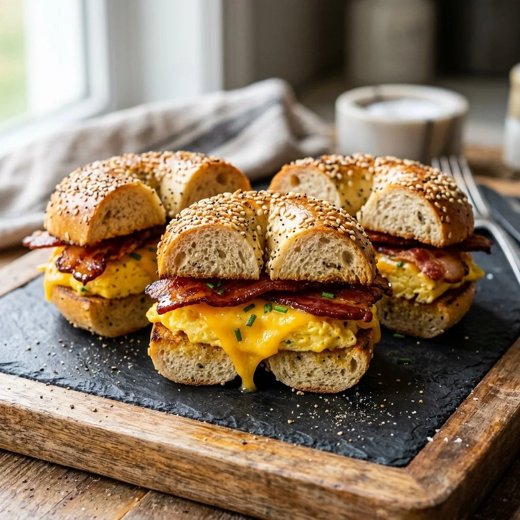 Delicious bagel breakfast sliders with eggs and toppings served on a plate