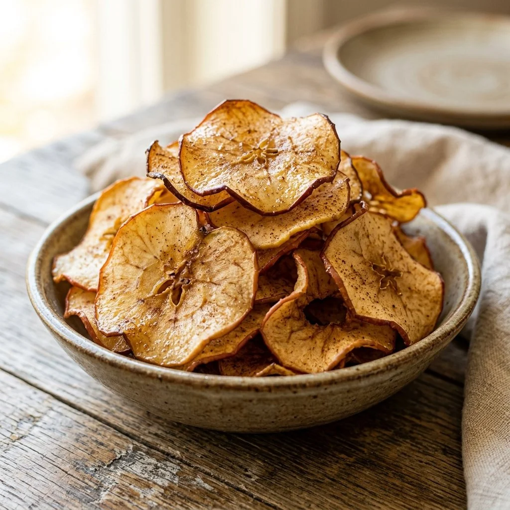 Baked apple chips freshly made for a healthy snack option.