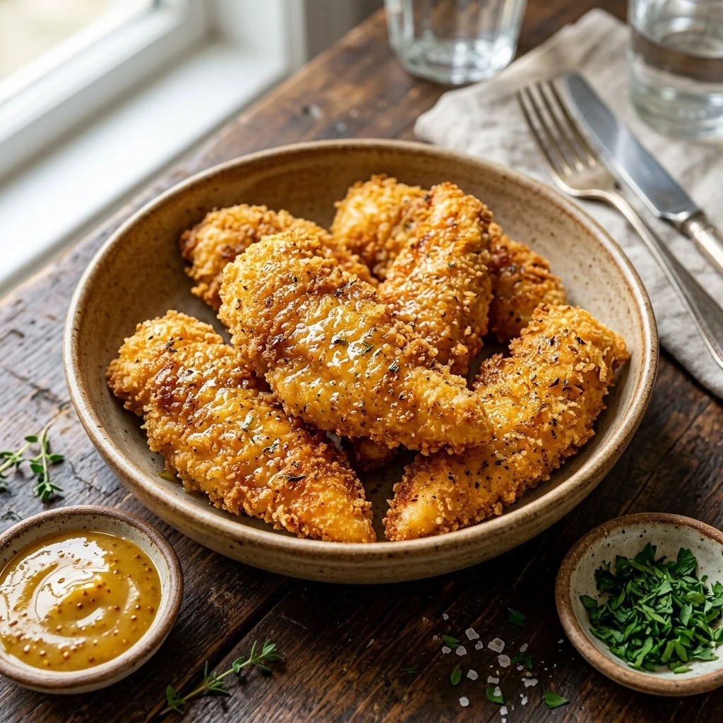Delicious baked chicken tenders served on a plate with dipping sauce.