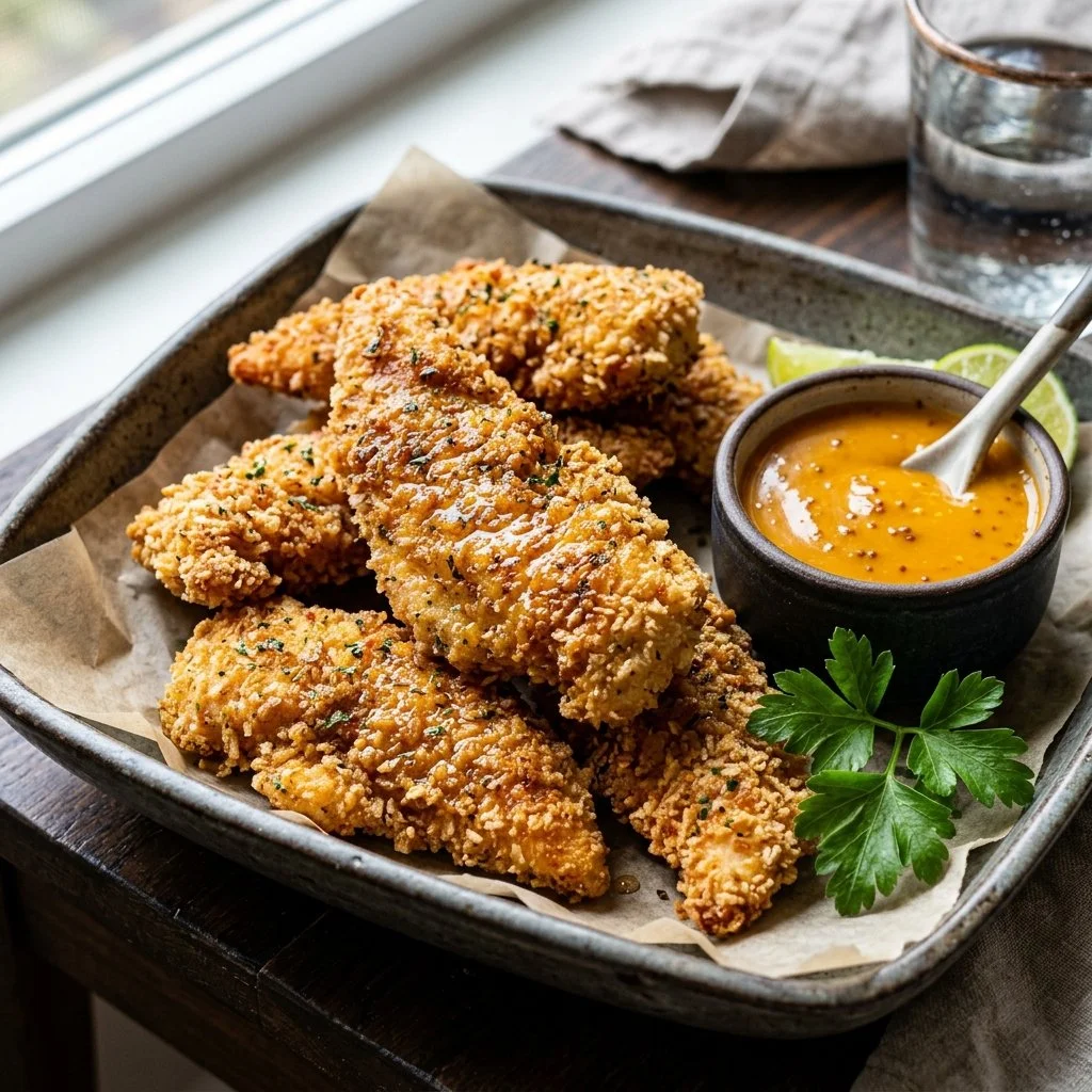 Delicious baked chicken tenders served with dipping sauce