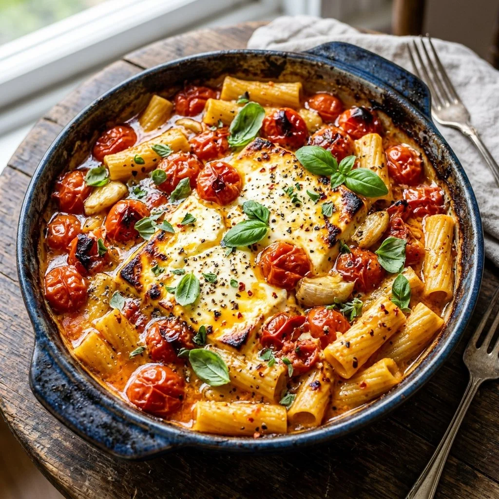 Baked feta pasta dish with vibrant tomatoes and herbs