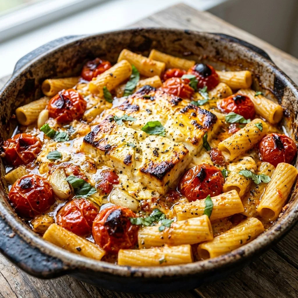 Baked feta pasta with colorful vegetables and a creamy sauce