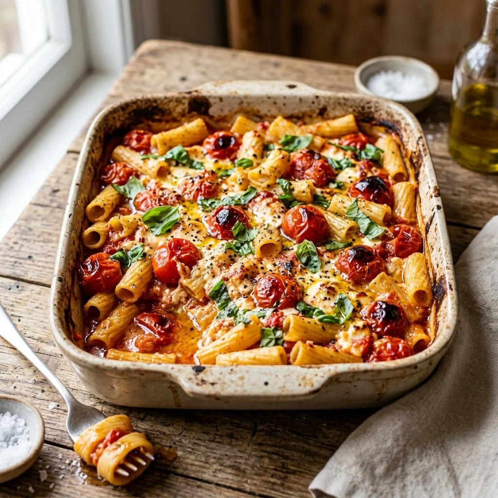 A vibrant baked feta pasta dish with tomatoes and basil, ready to serve.