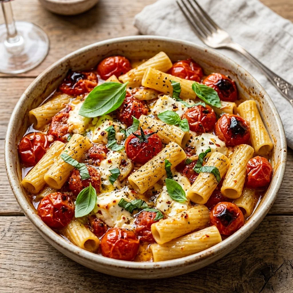 Baked feta pasta dish with tomatoes and herbs