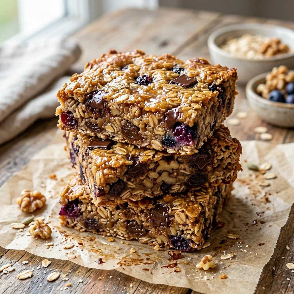 Delicious baked oatmeal bars topped with fruits and nuts