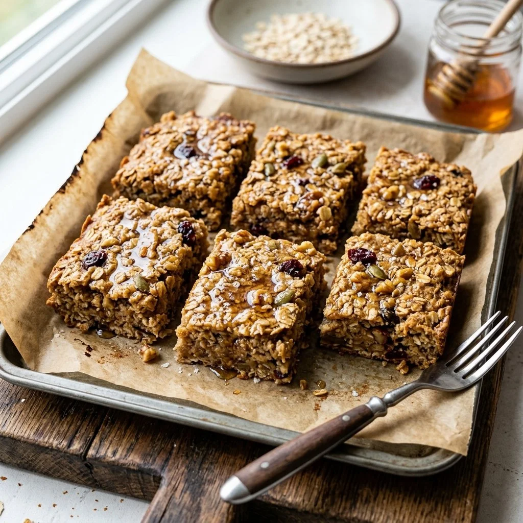 Homemade baked oatmeal bars with berries and nuts in a baking dish