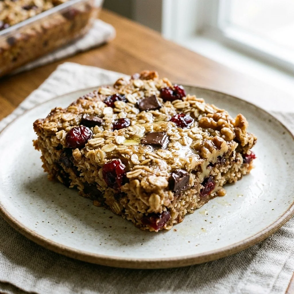 Homemade baked oatmeal bars with fruits and nuts