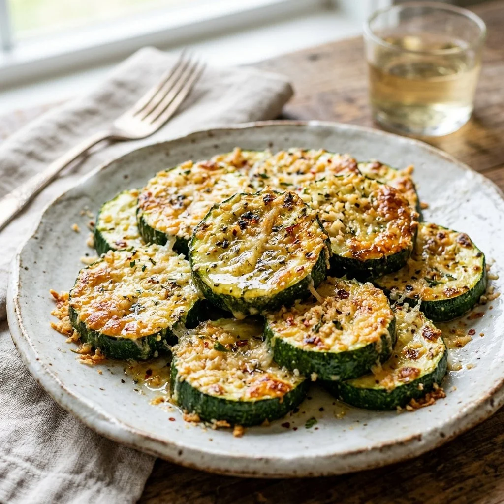 Baked Parmesan zucchini slices garnished with herbs