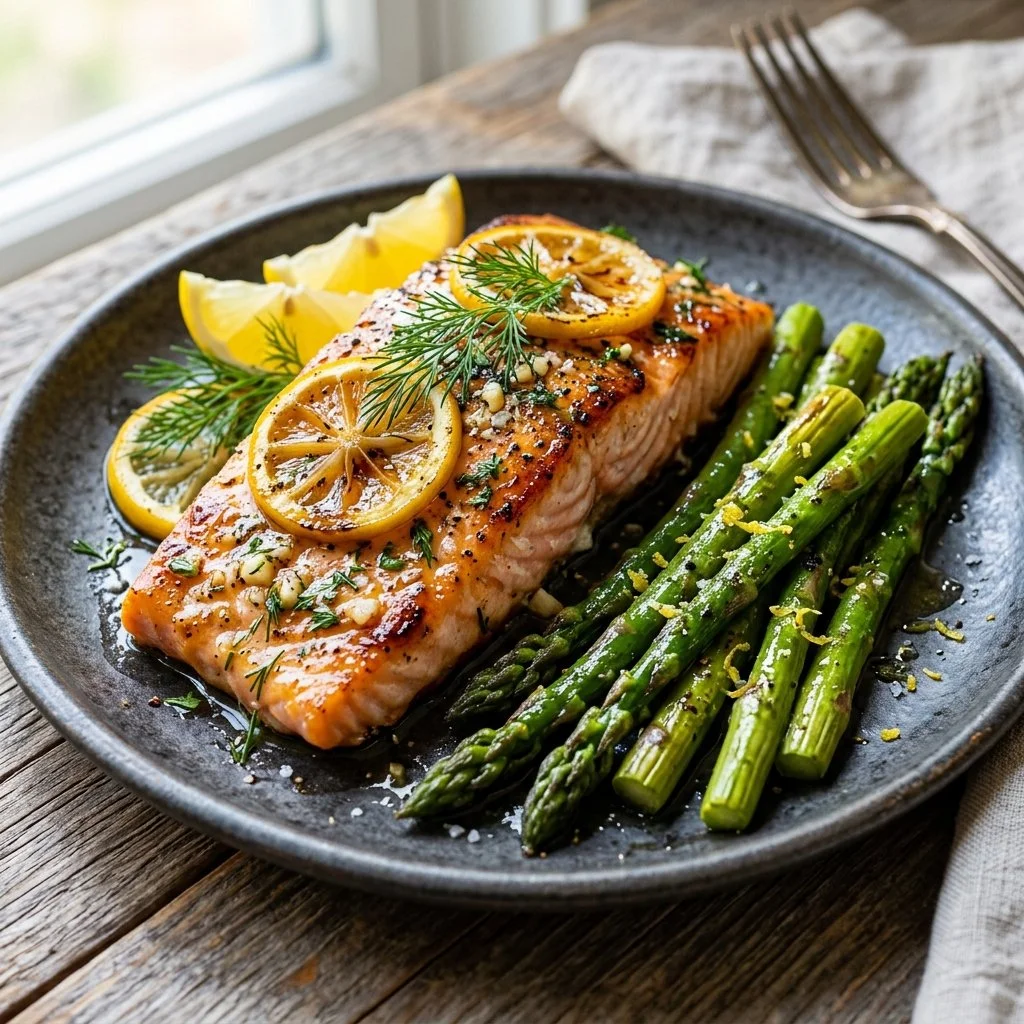 Baked salmon fillet served with asparagus on a plate
