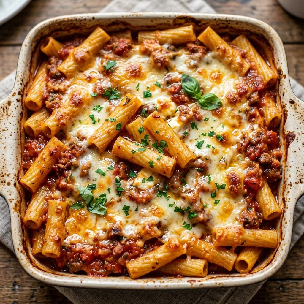 Delicious baked ziti with melted cheese and pasta in a serving dish.