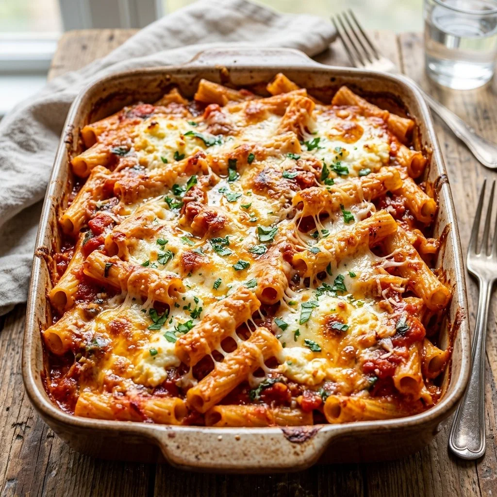 Delicious homemade baked ziti with cheese and marinara sauce