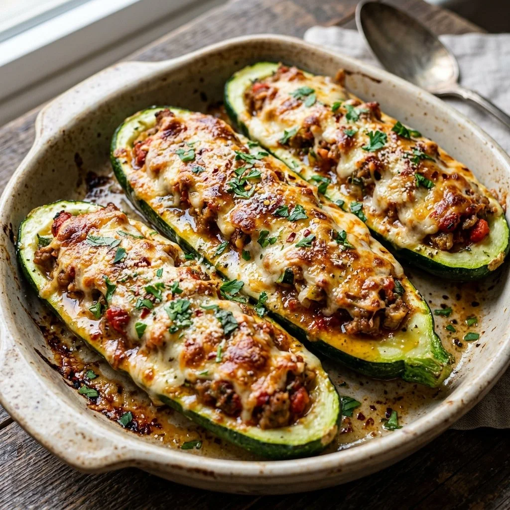 Delicious baked zucchini boats filled with colorful vegetables and cheese
