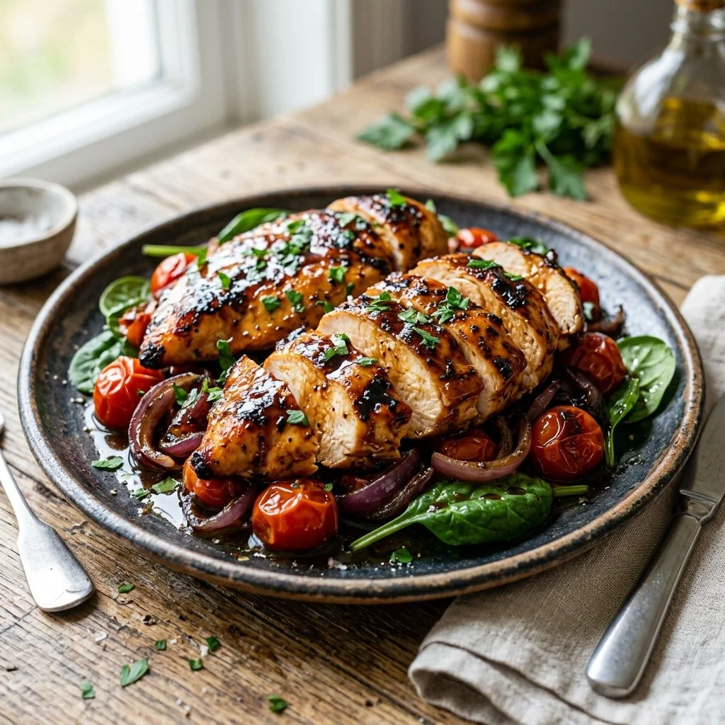 Delicious balsamic glazed chicken served with fresh herbs and vegetables