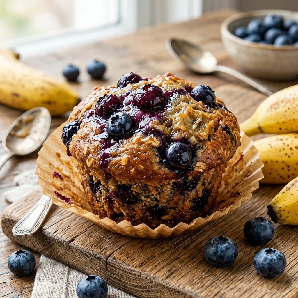 Freshly baked Banana Blueberry Muffins displayed on a plate.