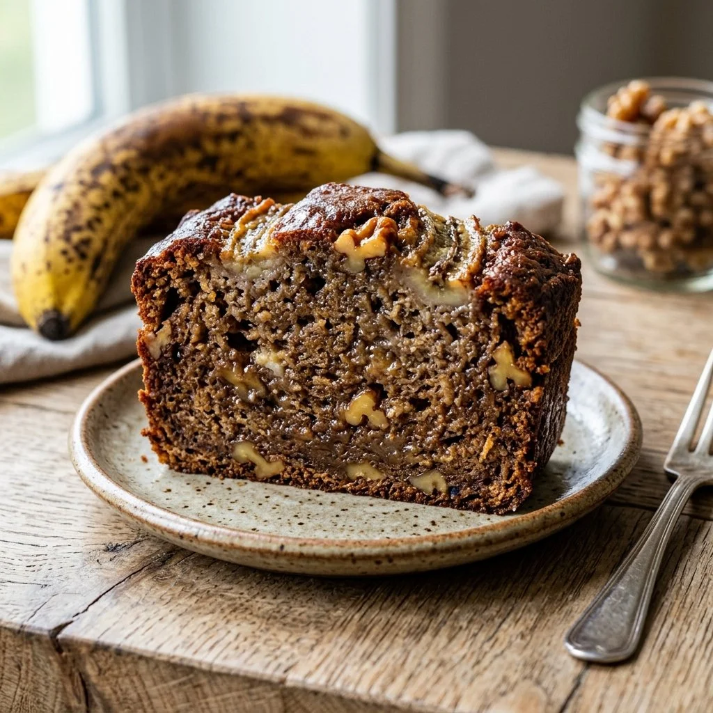 Freshly baked banana bread loaf with banana slices on a cutting board