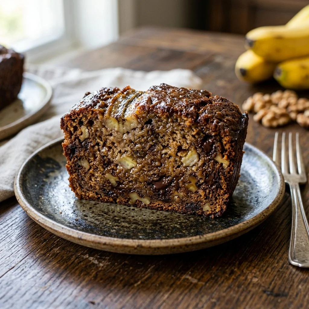 Loaf of freshly baked banana bread on a wooden cutting board.