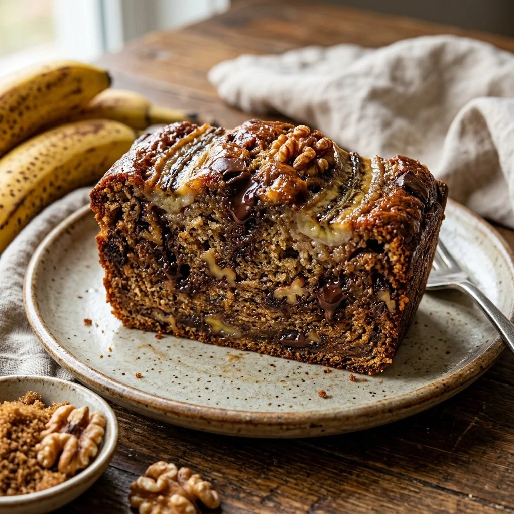 Freshly baked banana bread with slices on a wooden cutting board