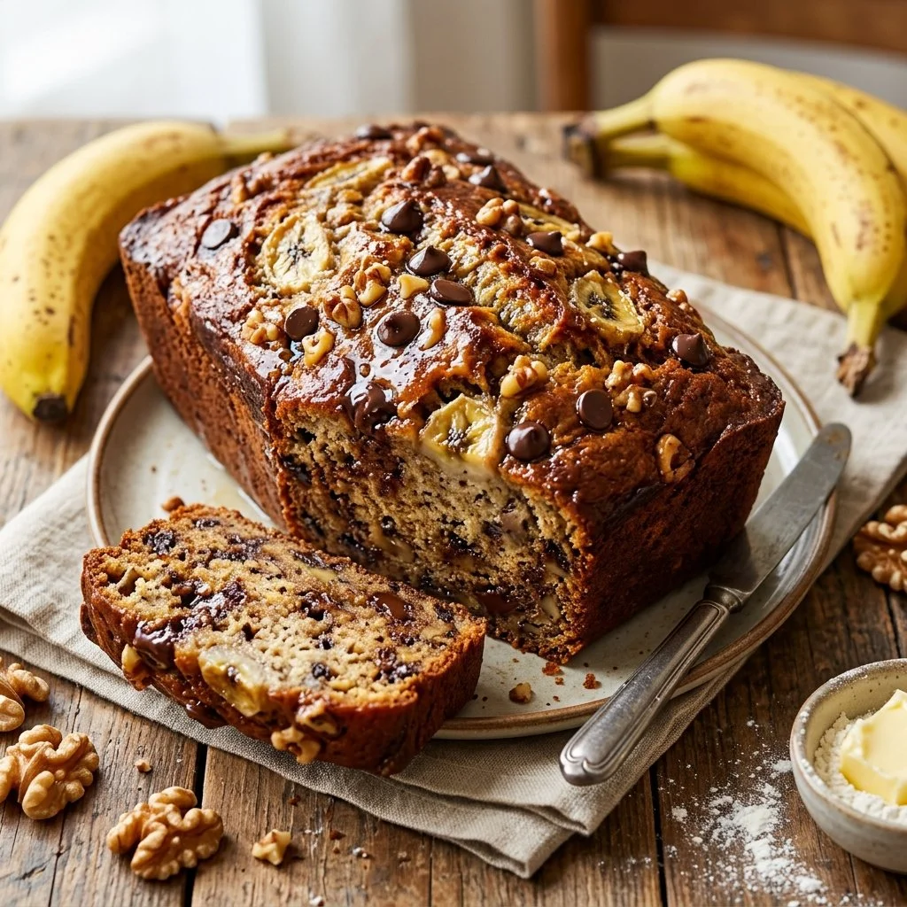 Freshly baked banana bread loaf on a wooden cutting board