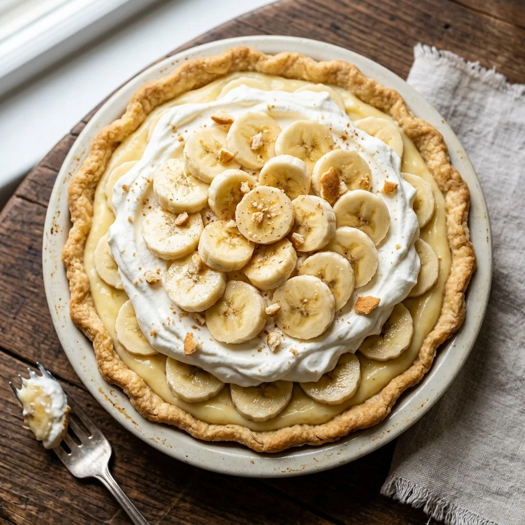 Slice of homemade Banana Cream Pie topped with whipped cream and banana slices
