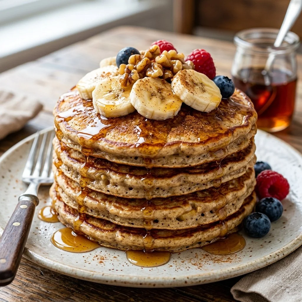 Delicious banana oatmeal pancakes stacked on a plate with fresh bananas