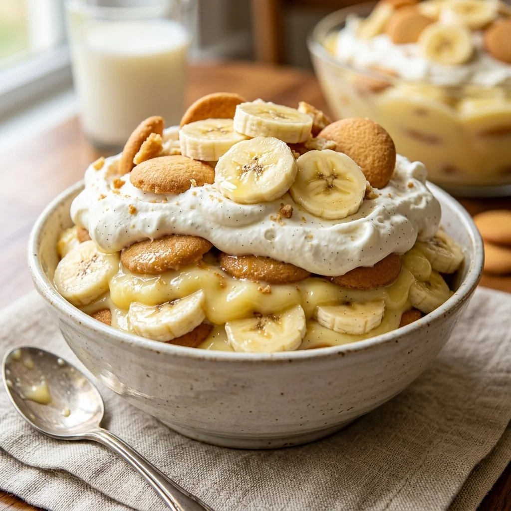 Delicious bowl of creamy banana pudding with layers of banana slices and whipped cream