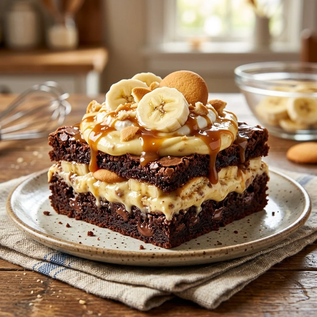 Decadent banana pudding brownies served on a plate with a fork.