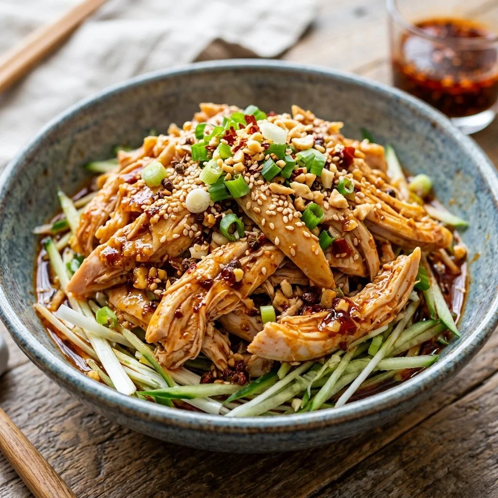 Plate of delicious Bang Bang Chicken drizzled with creamy sauce and garnished