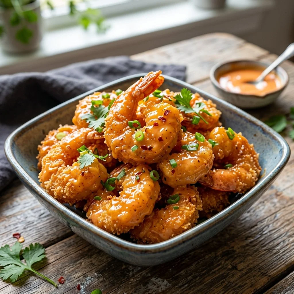 Plate of delicious Bang Bang Shrimp garnished with green onions and sesame seeds