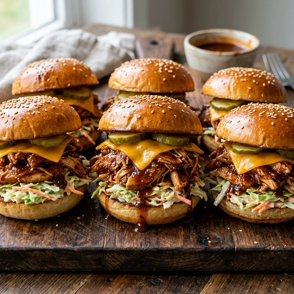 BBQ chicken sliders served with fresh toppings and sauces